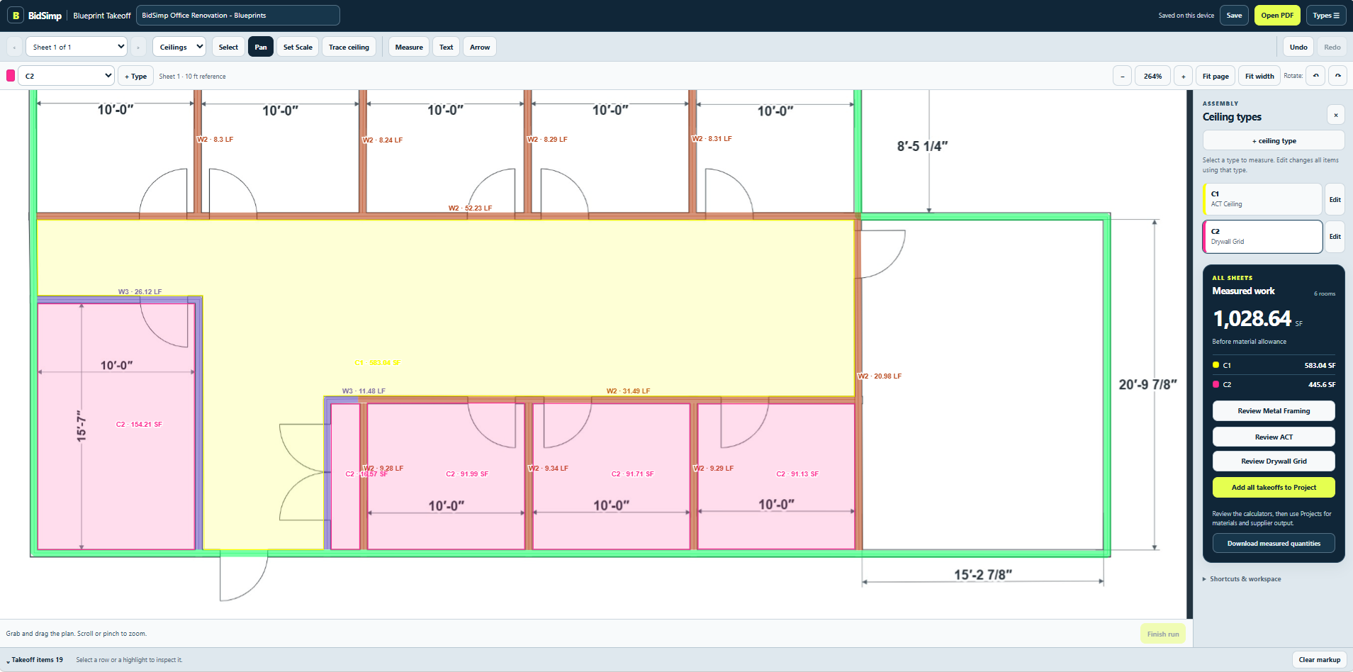 Blueprint Takeoff showing highlighted walls and ceiling areas on a commercial floor plan, with measured quantities in the right panel