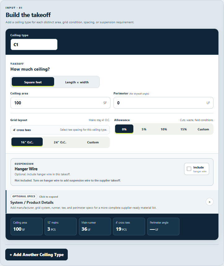 Drywall Grid Calculator input interface