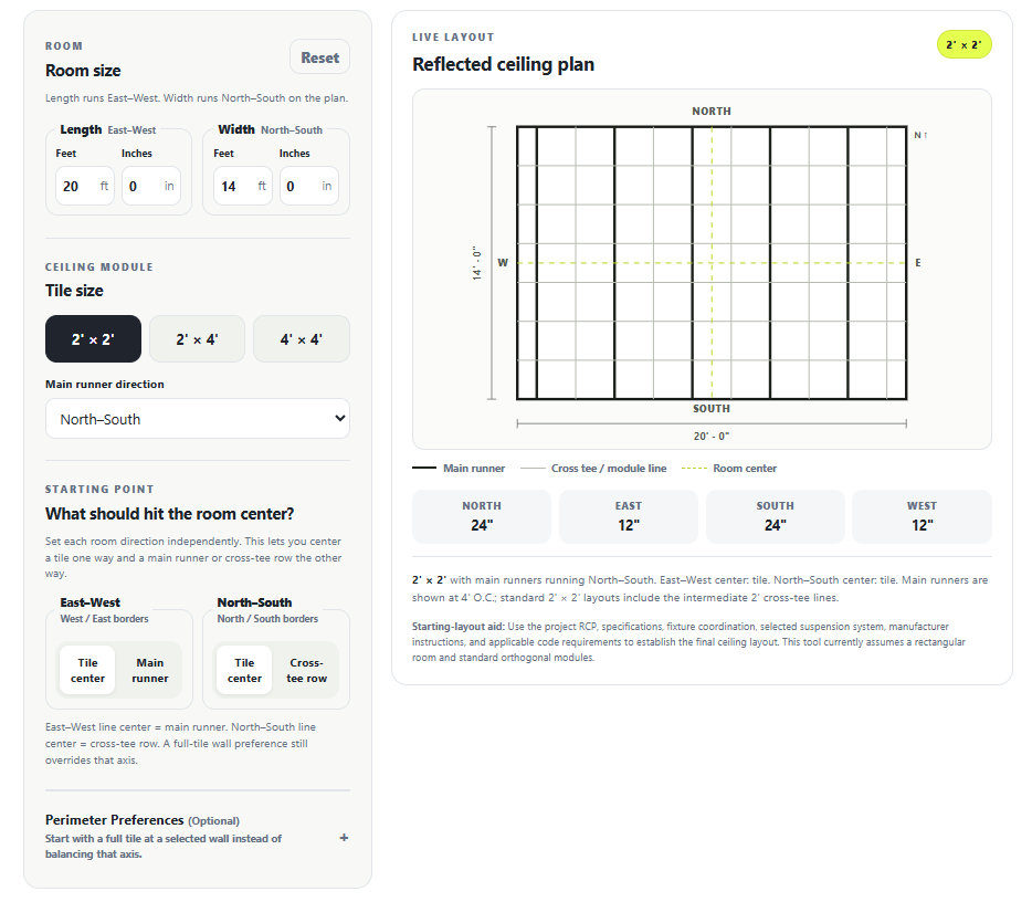 Ceiling Layout Calculator showing a reflected ceiling plan with centered grid and border dimensions