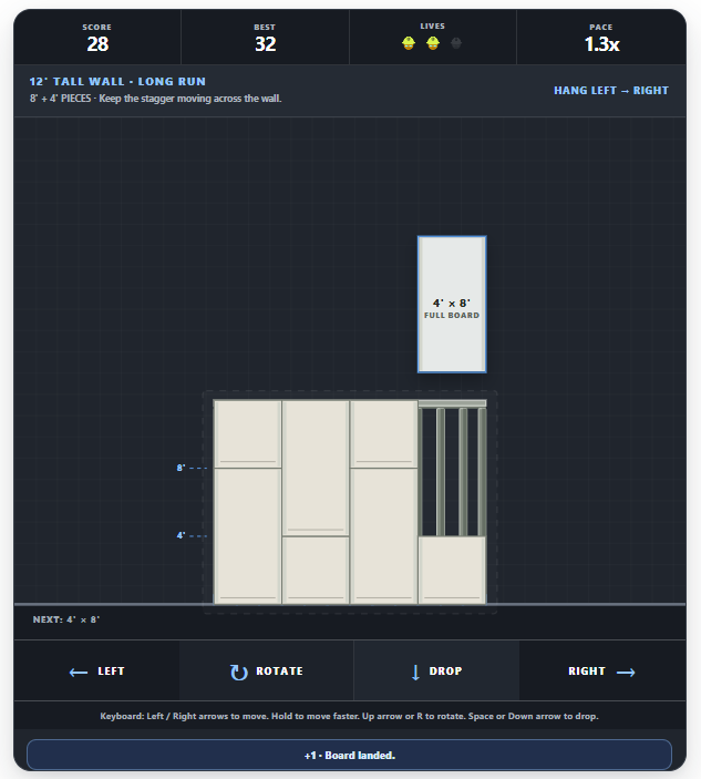 Drywall Drop gameplay with falling board and a partially hung wall