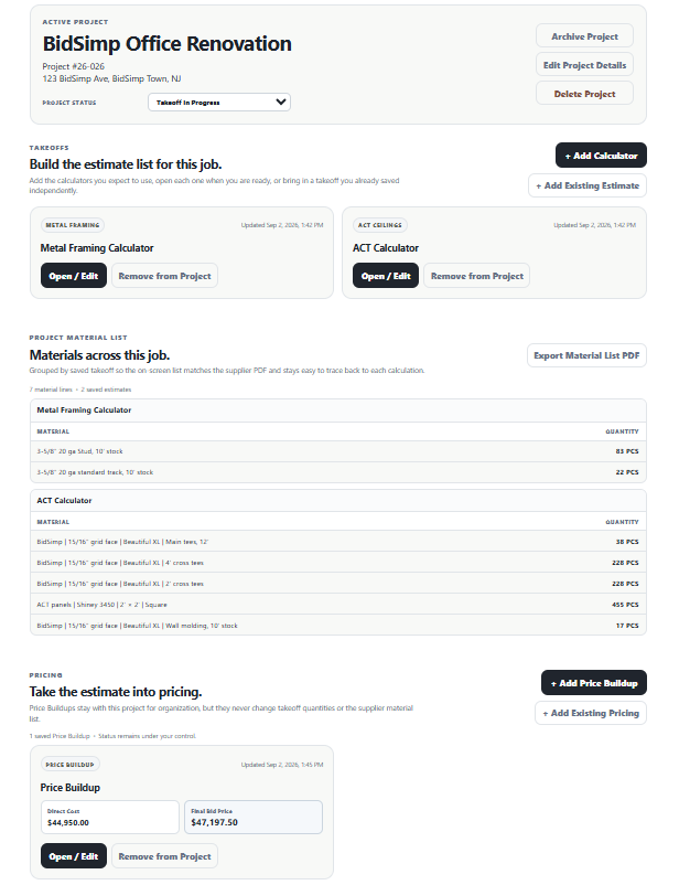 BidSimp Projects page showing takeoffs, combined materials, and a price buildup for an office renovation