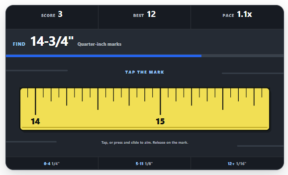 Tape Measure Arcade gameplay asking the player to find fourteen and three-quarter inches