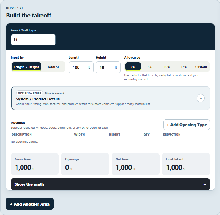 Insulation Calculator input interface