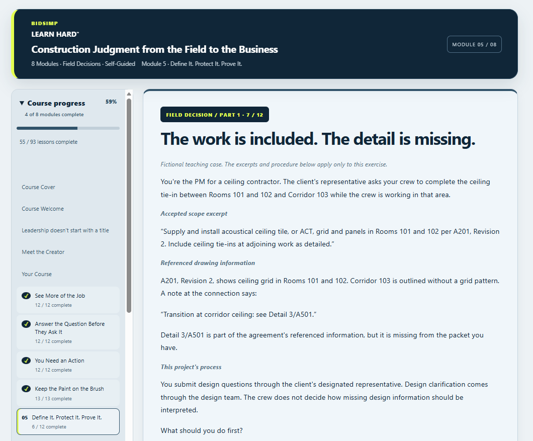 LEARN HARD course interface showing module navigation, course progress, and a Field Decision lesson.