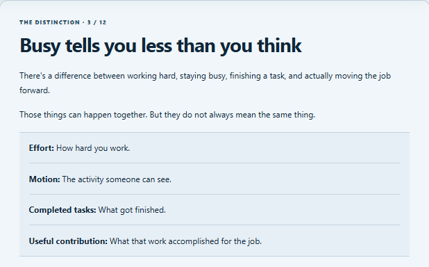 LEARN HARD lesson explaining the difference between effort, motion, completed tasks, and useful contribution.